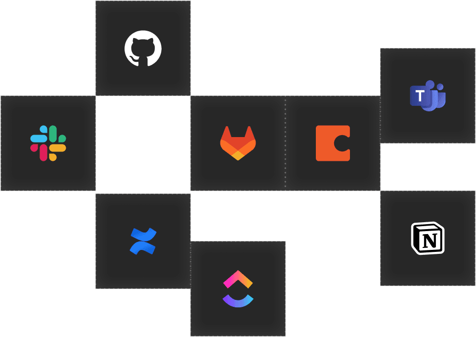 A grid of connected developer tools including GitHub, GitLab, Slack, Teams, Notion, and Confluence